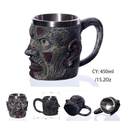 Medieval Warrior Resin Stainless Steel Beer Mug Knight Stein Retro Tankard Creative Coffee Cup Viking Tea Mug Pub Bar Decoration