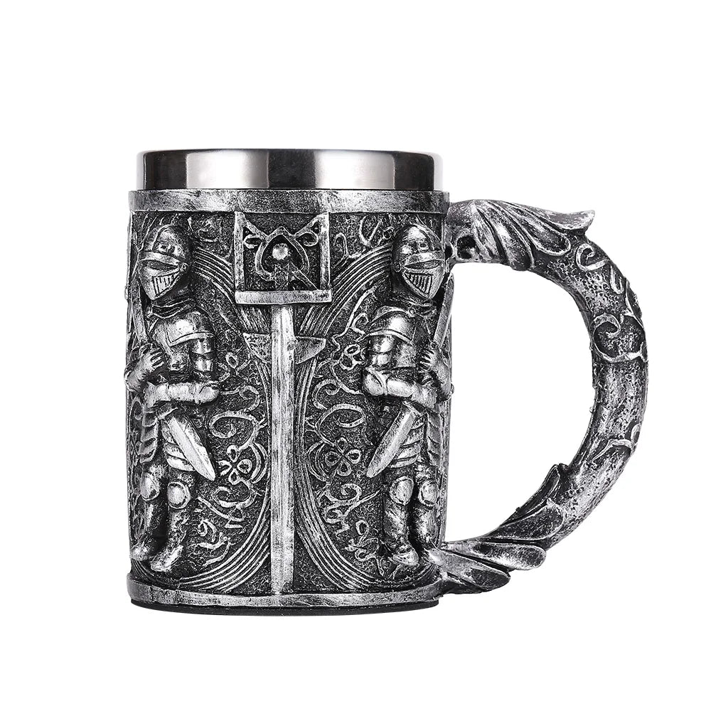 Medieval Warrior Resin Stainless Steel Beer Mug Knight Stein Retro Tankard Creative Coffee Cup Viking Tea Mug Pub Bar Decoration