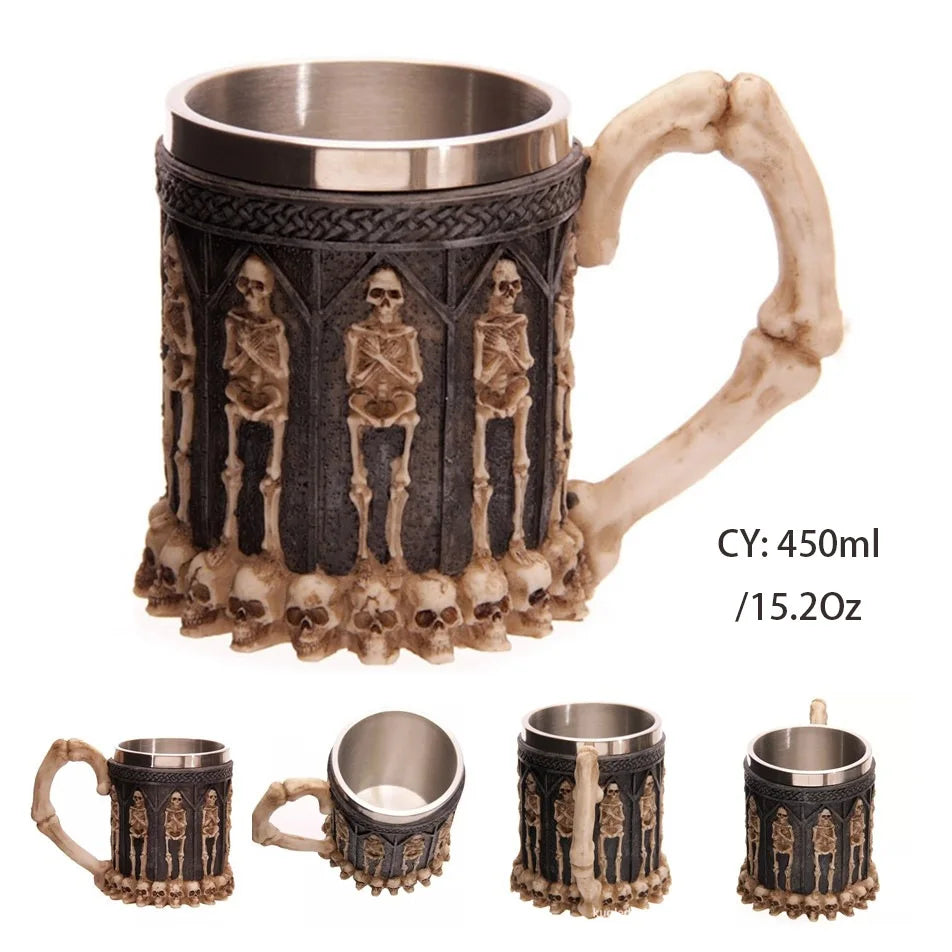 Medieval Warrior Resin Stainless Steel Beer Mug Knight Stein Retro Tankard Creative Coffee Cup Viking Tea Mug Pub Bar Decoration