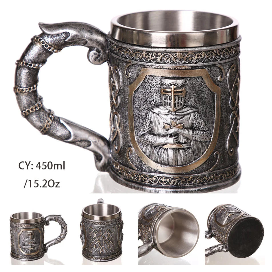 Medieval Warrior Resin Stainless Steel Beer Mug Knight Stein Retro Tankard Creative Coffee Cup Viking Tea Mug Pub Bar Decoration