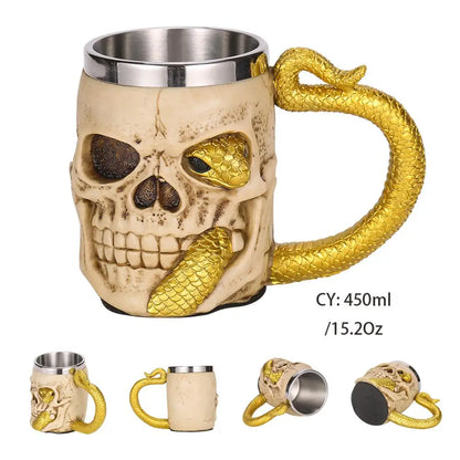 Medieval Warrior Resin Stainless Steel Beer Mug Knight Stein Retro Tankard Creative Coffee Cup Viking Tea Mug Pub Bar Decoration