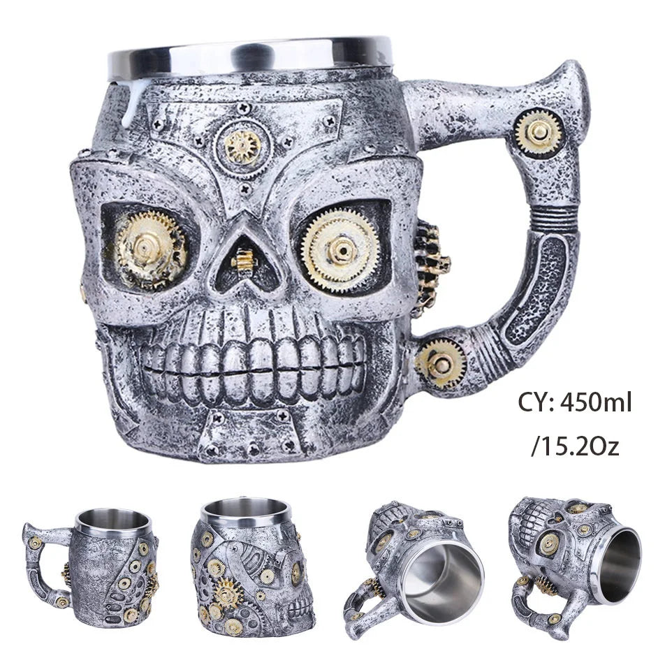 Medieval Warrior Resin Stainless Steel Beer Mug Knight Stein Retro Tankard Creative Coffee Cup Viking Tea Mug Pub Bar Decoration