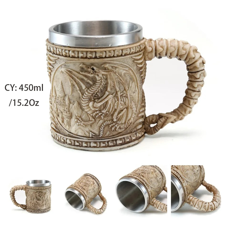 Medieval Warrior Resin Stainless Steel Beer Mug Knight Stein Retro Tankard Creative Coffee Cup Viking Tea Mug Pub Bar Decoration