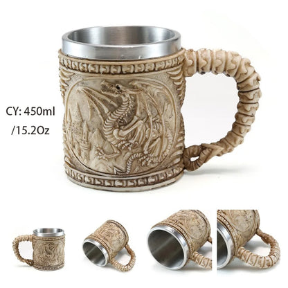 Medieval Warrior Resin Stainless Steel Beer Mug Knight Stein Retro Tankard Creative Coffee Cup Viking Tea Mug Pub Bar Decoration