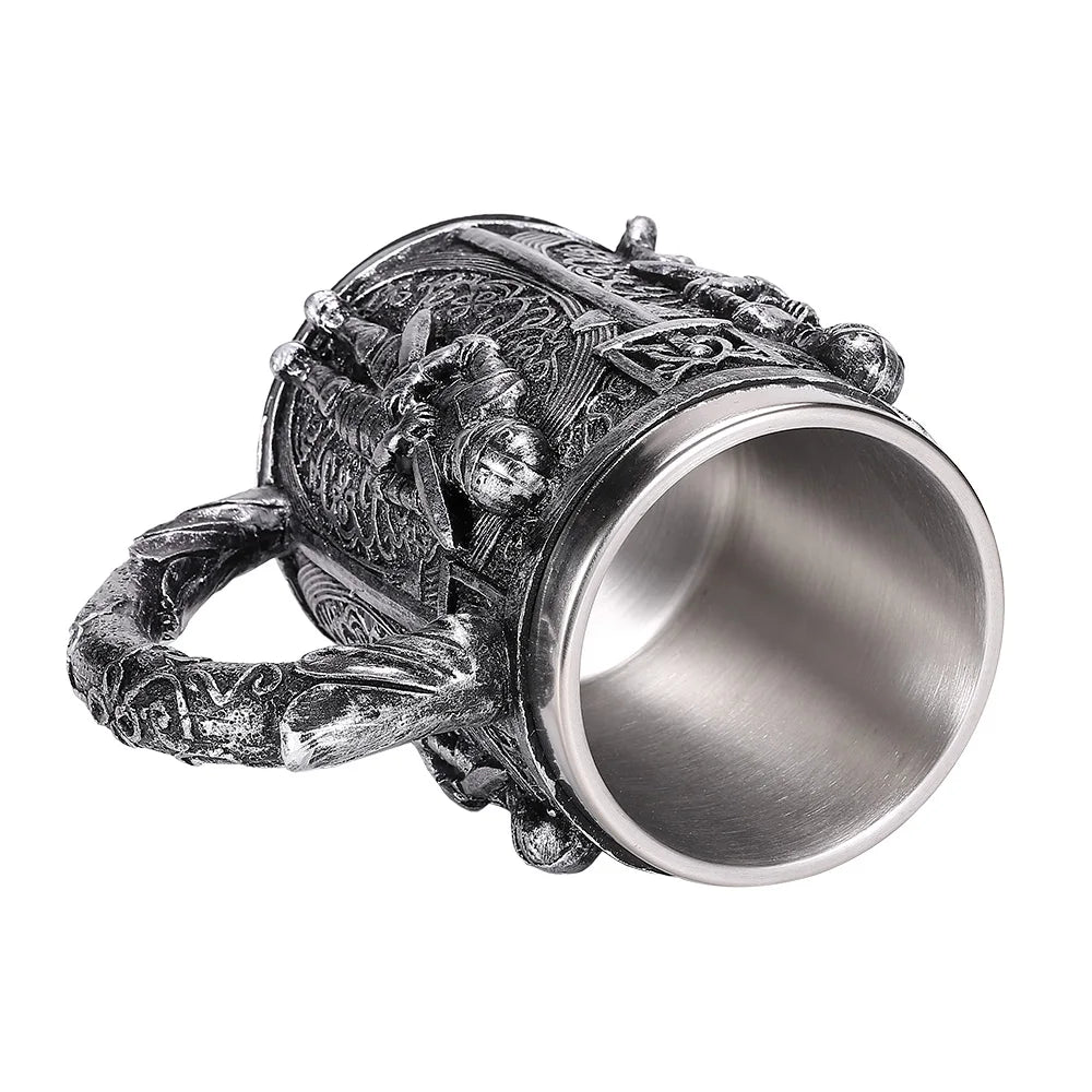 Medieval Warrior Resin Stainless Steel Beer Mug Knight Stein Retro Tankard Creative Coffee Cup Viking Tea Mug Pub Bar Decoration