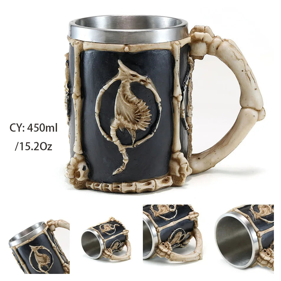 Medieval Warrior Resin Stainless Steel Beer Mug Knight Stein Retro Tankard Creative Coffee Cup Viking Tea Mug Pub Bar Decoration