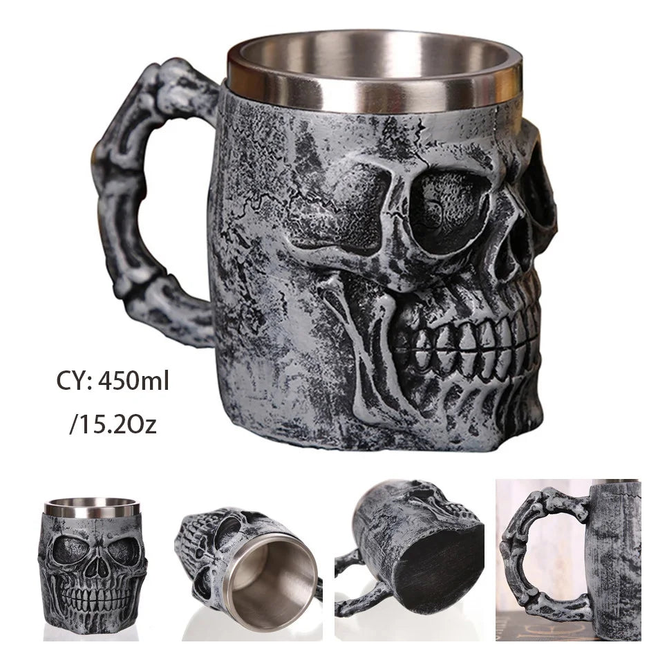 Medieval Warrior Resin Stainless Steel Beer Mug Knight Stein Retro Tankard Creative Coffee Cup Viking Tea Mug Pub Bar Decoration