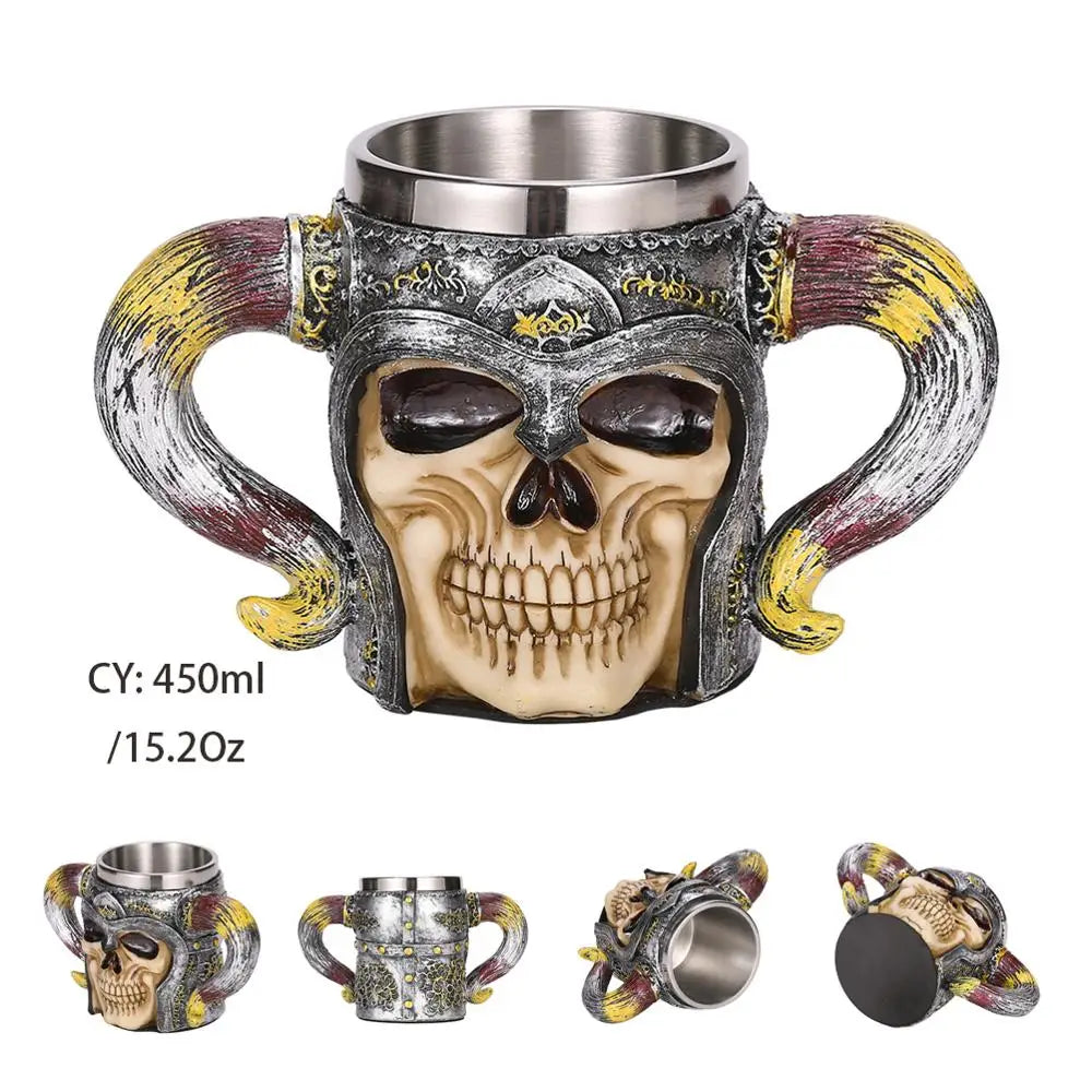 Medieval Warrior Resin Stainless Steel Beer Mug Knight Stein Retro Tankard Creative Coffee Cup Viking Tea Mug Pub Bar Decoration