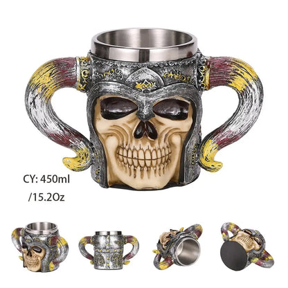Medieval Warrior Resin Stainless Steel Beer Mug Knight Stein Retro Tankard Creative Coffee Cup Viking Tea Mug Pub Bar Decoration