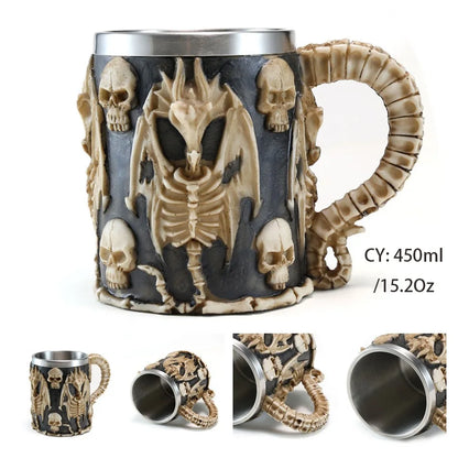 Medieval Warrior Resin Stainless Steel Beer Mug Knight Stein Retro Tankard Creative Coffee Cup Viking Tea Mug Pub Bar Decoration