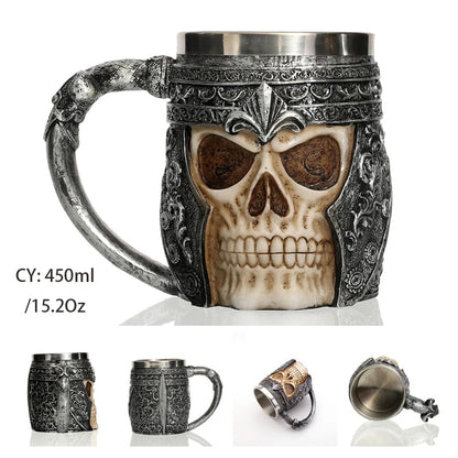 Medieval Warrior Resin Stainless Steel Beer Mug Knight Stein Retro Tankard Creative Coffee Cup Viking Tea Mug Pub Bar Decoration