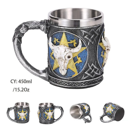 Medieval Warrior Resin Stainless Steel Beer Mug Knight Stein Retro Tankard Creative Coffee Cup Viking Tea Mug Pub Bar Decoration