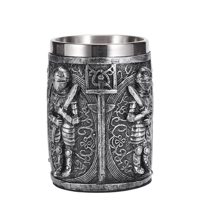 Medieval Warrior Resin Stainless Steel Beer Mug Knight Stein Retro Tankard Creative Coffee Cup Viking Tea Mug Pub Bar Decoration