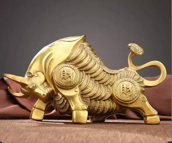 Medium Size Brass Bronze Wall Street Fierce Bull OX Figure Statue 7" Long