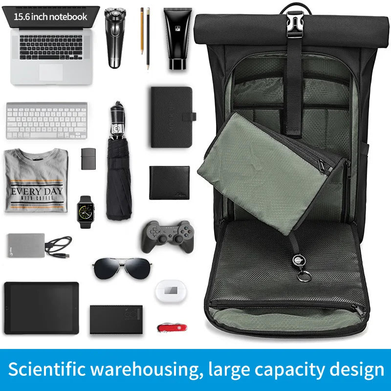 Men 16 Inch Laptop Backpack Fashion Roll Cover Backpack Simple Business Leisure Commuter Backpack Large Capacity Travel Backpck
