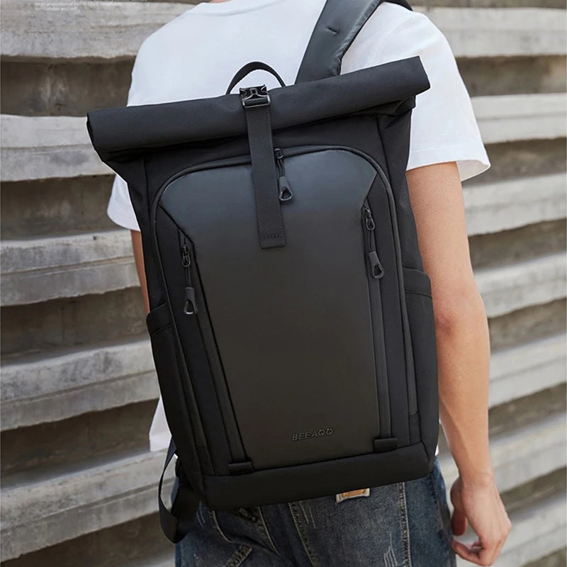 Men 16 Inch Laptop Backpack Fashion Roll Cover Backpack Simple Business Leisure Commuter Backpack Large Capacity Travel Backpck