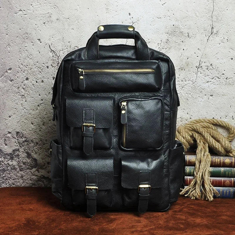 Men Backpack Genuine Leather Computer Book Bag Travel Large Capacity Real Cowhid School Retro Male Laptop Knapsack Rucksack