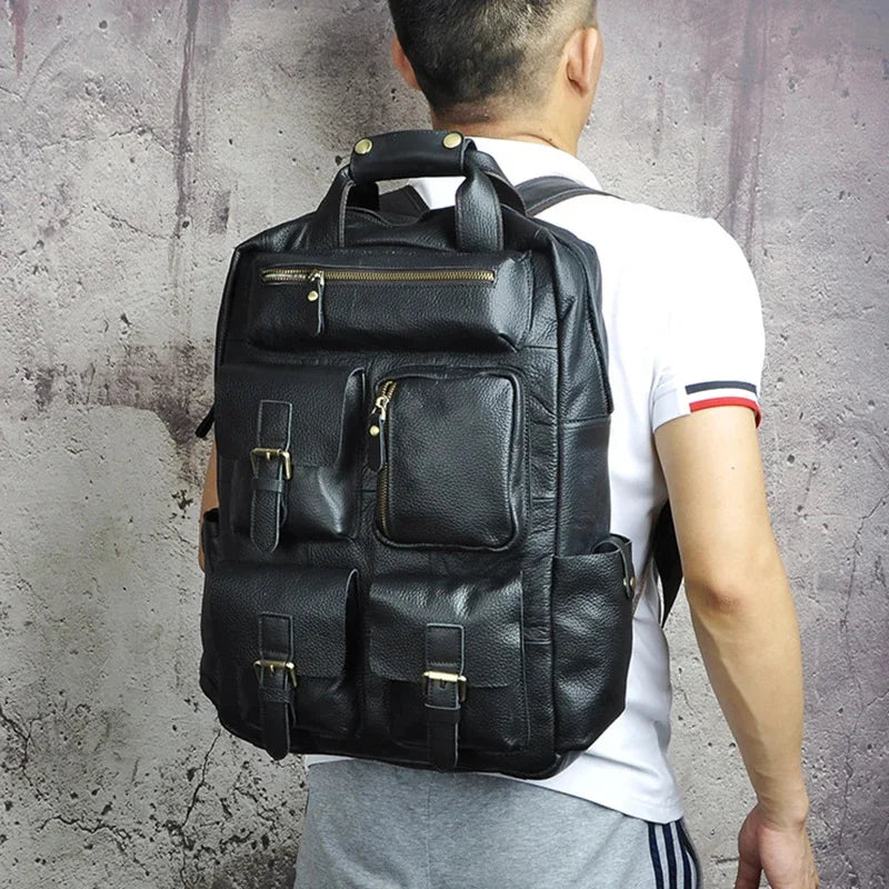 Men Backpack Genuine Leather Computer Book Bag Travel Large Capacity Real Cowhid School Retro Male Laptop Knapsack Rucksack