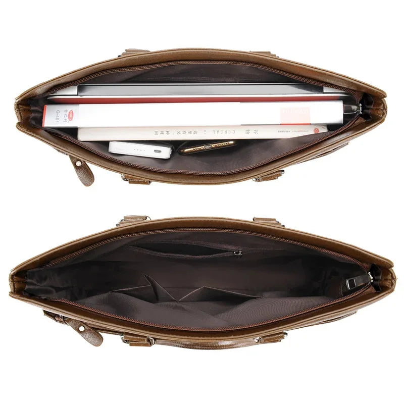 Men Briefcase PU Laptop 14 Shoulder Messenger Men's Leather Bag Office for Document A4 High Quality