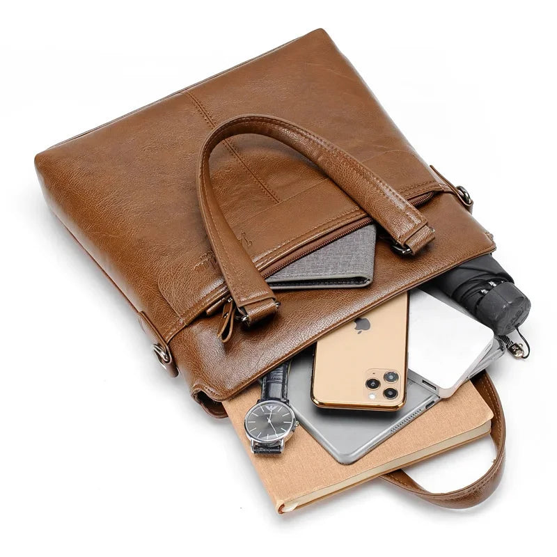 Men Briefcase PU Laptop 14 Shoulder Messenger Men's Leather Bag Office for Document A4 High Quality