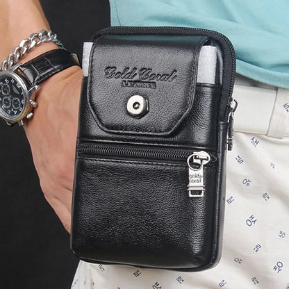 Men Cell/Mobile Phone Case Waist Belt Bag Genuine Leather ID Card Cigarette Pocket Cowhide Male Hip Purse Fanny Pack Hook Bags