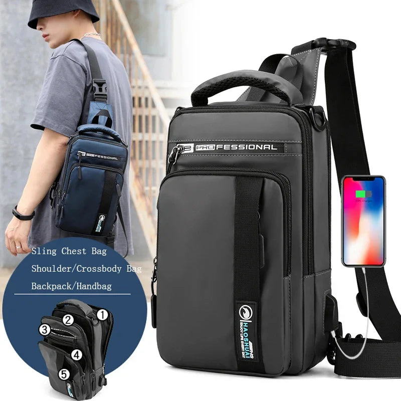 Men Chest Pack Shoulder Bag Backpack with USB Charging Port Travel Designer Male Nylon Sling Messenger Cross body Bags Rucksack