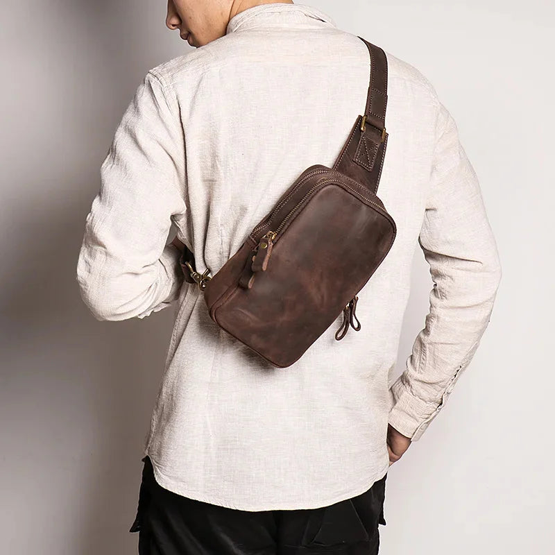 Men Crazy Horse Cow Leather Zipper Retro Male Motorcycle Outdoor Chest Casual and Simple Single-Shoulder Bag