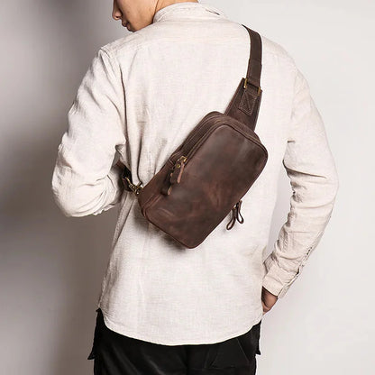 Men Crazy Horse Cow Leather Zipper Retro Male Motorcycle Outdoor Chest Casual and Simple Single-Shoulder Bag