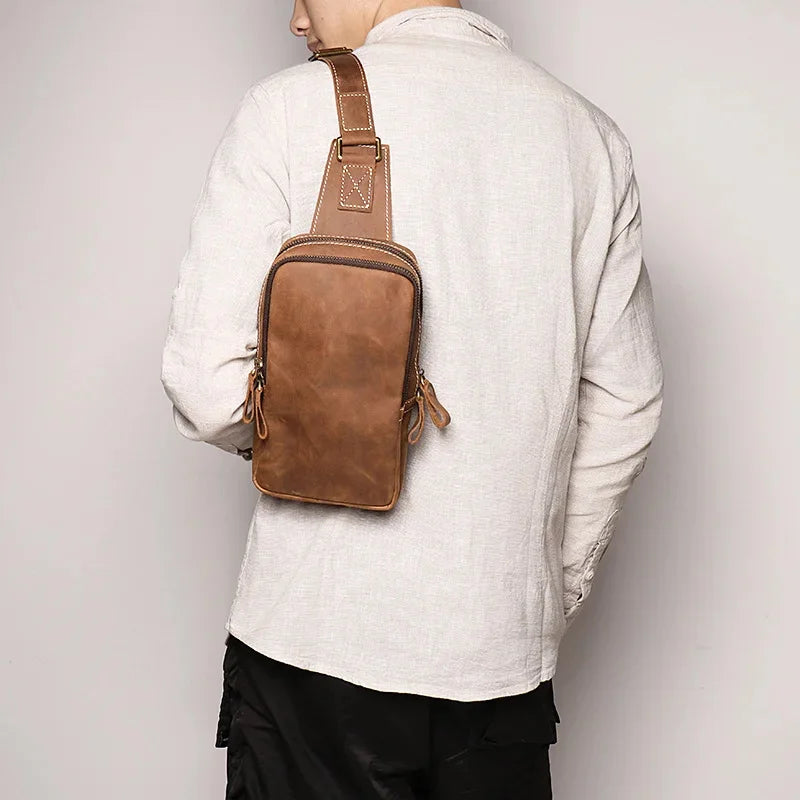 Men Crazy Horse Cow Leather Zipper Retro Male Motorcycle Outdoor Chest Casual and Simple Single-Shoulder Bag