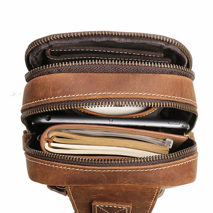 Men Crazy Horse Cow Leather Zipper Retro Male Motorcycle Outdoor Chest Casual and Simple Single-Shoulder Bag