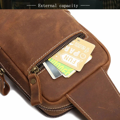 Men Crazy Horse Cow Leather Zipper Retro Male Motorcycle Outdoor Chest Casual and Simple Single-Shoulder Bag