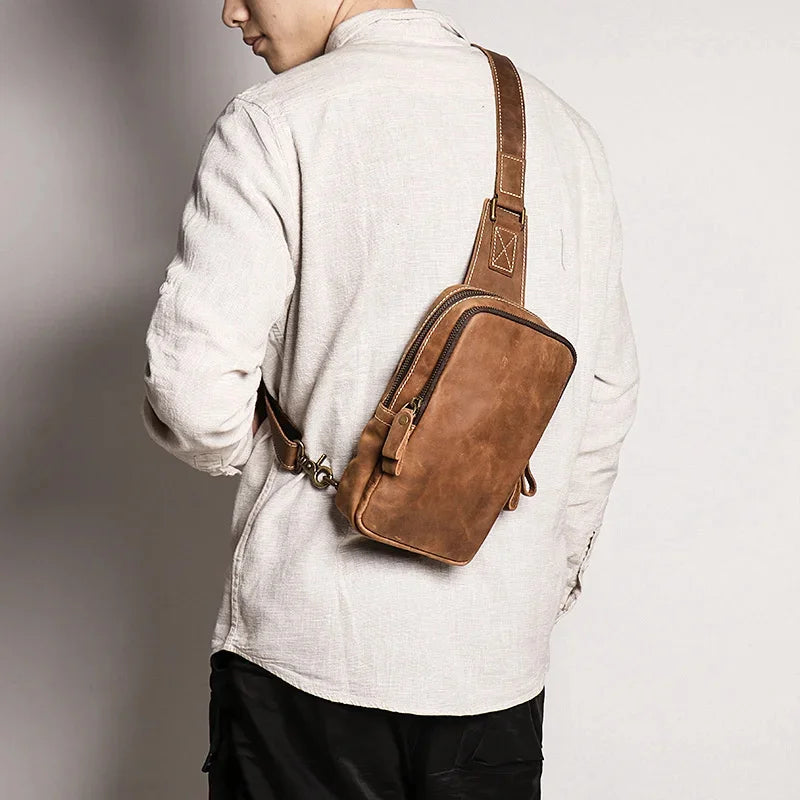 Men Crazy Horse Cow Leather Zipper Retro Male Motorcycle Outdoor Chest Casual and Simple Single-Shoulder Bag