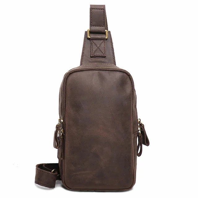 Men Crazy Horse Cow Leather Zipper Retro Male Motorcycle Outdoor Chest Casual and Simple Single-Shoulder Bag
