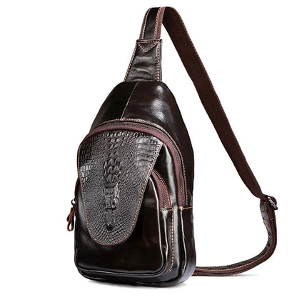 Men Cross Body Shoulder Chest Bag Sling Backpack Genuine Leather Travel Crocodile Pattern Oil Wax Cowhide Male Messenger Bags