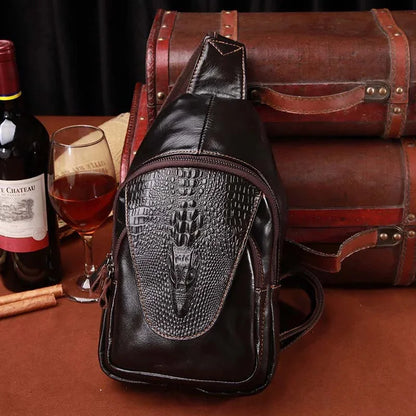 Men Cross Body Shoulder Chest Bag Sling Backpack Genuine Leather Travel Crocodile Pattern Oil Wax Cowhide Male Messenger Bags