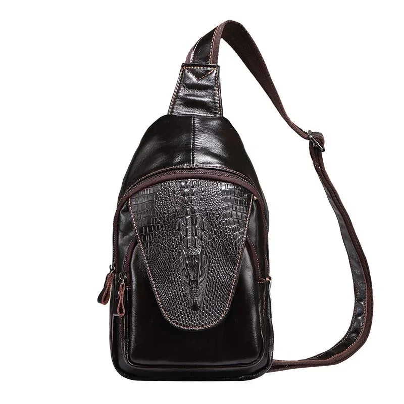 Men Cross Body Shoulder Chest Bag Sling Backpack Genuine Leather Travel Crocodile Pattern Oil Wax Cowhide Male Messenger Bags