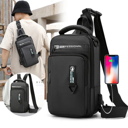 Men Cross Body Shouler Chest Sling Small Backpack with USB Charging Port Travel Waterproof Nylon Male Rucksack Messenger Bag