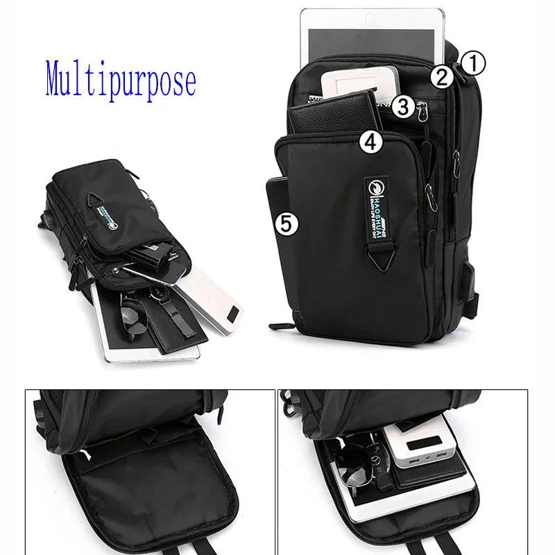 Men Cross Body Shouler Chest Sling Small Backpack with USB Charging Port Travel Waterproof Nylon Male Rucksack Messenger Bag