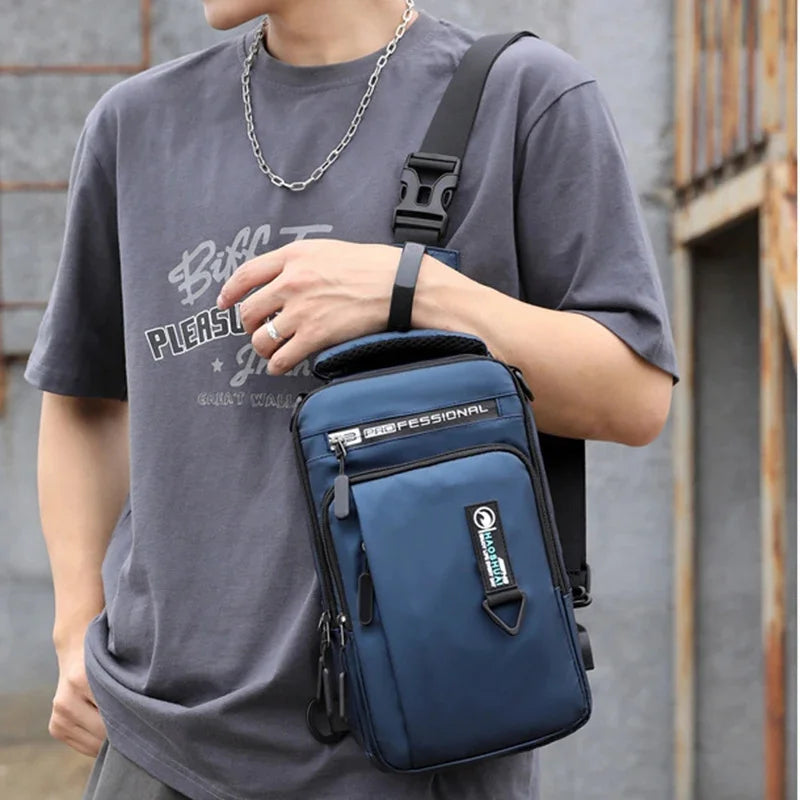 Men Cross Body Shouler Chest Sling Small Backpack with USB Charging Port Travel Waterproof Nylon Male Rucksack Messenger Bag