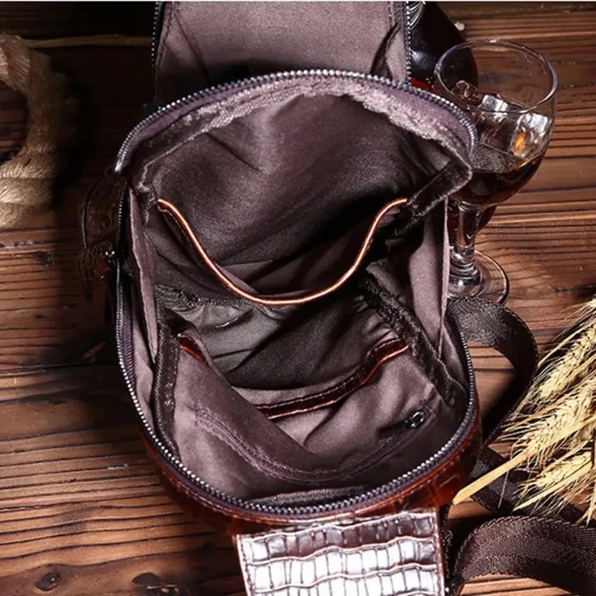 Men Cross body Shoulder Chest Bag Sling Backpack Genuine Leather Crocodile Pattern Real Cowhide Travel Male Side Messenger Bag