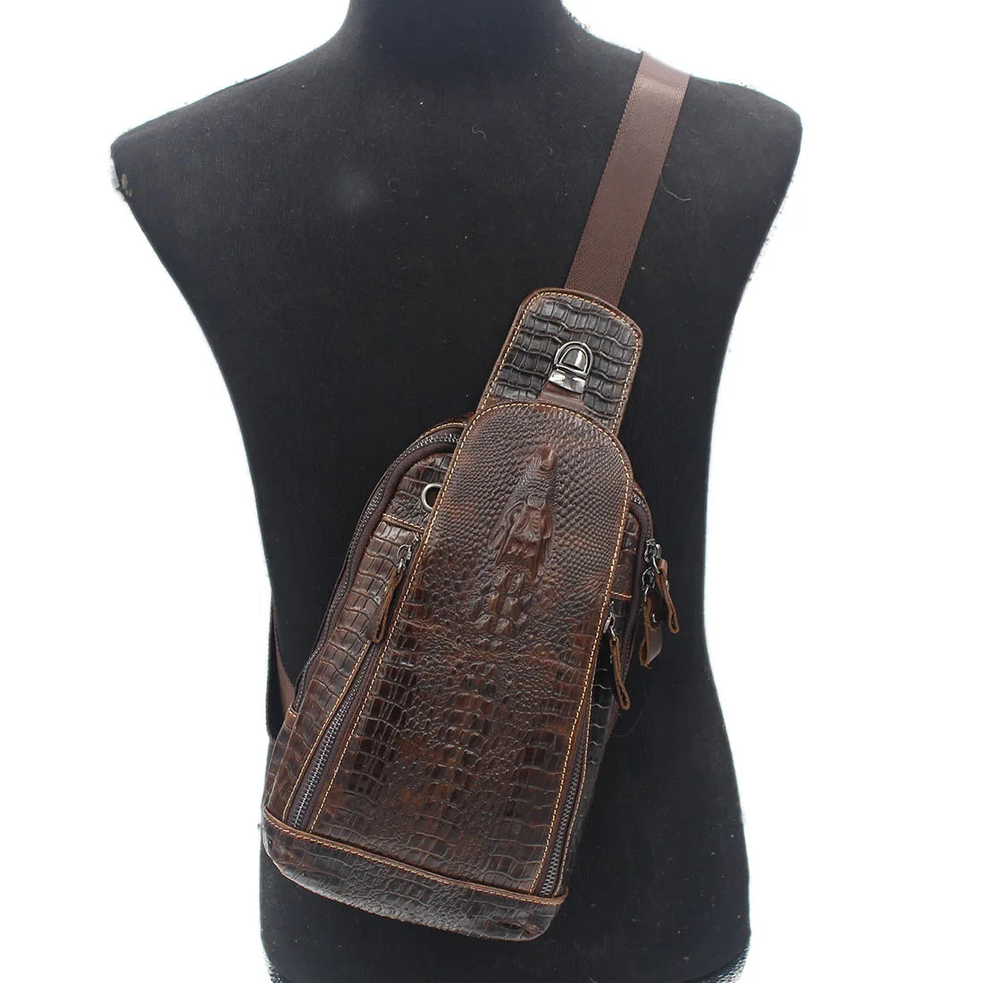 Men Cross body Shoulder Chest Bag Sling Backpack Genuine Leather Crocodile Pattern Real Cowhide Travel Male Side Messenger Bag