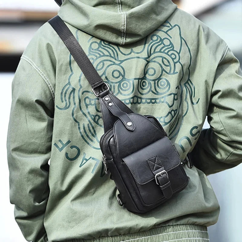 Men Cross body Shoulder Chest Sling Backpack PU Leather Fashion Trend Rtro Travel Male Side Messenger Bag