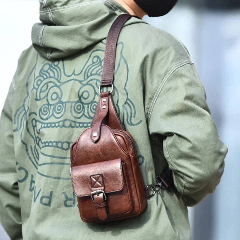 Men Cross body Shoulder Chest Sling Backpack PU Leather Fashion Trend Rtro Travel Male Side Messenger Bag
