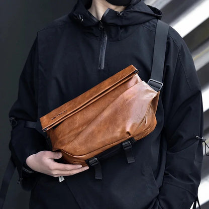Men Cross body Shoulder Sling Backpack PU Leather Lightweight Minimalist Travel Fashion Retro Male Messenger Chest Bag
