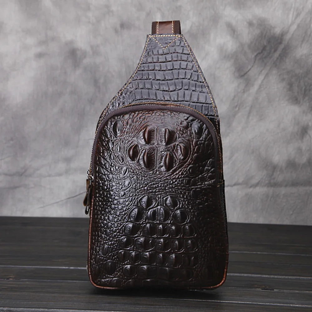 Men Cross body Sling Backpack Chest Bag Genuine Leather Crocodile Pattern Travel Real Cowhide Male Shoulder Messenger Side Bag