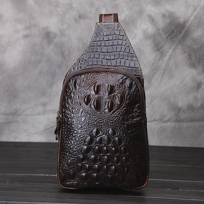 Men Cross body Sling Backpack Chest Bag Genuine Leather Crocodile Pattern Travel Real Cowhide Male Shoulder Messenger Side Bag