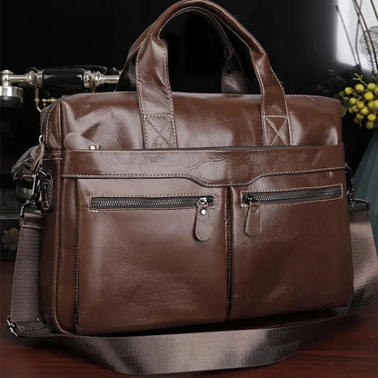 Men Genuine Briefcase Large Business Office Handbag Male Leather 14" Laptop Shoulder Bags Men's Travel Messenger Bag