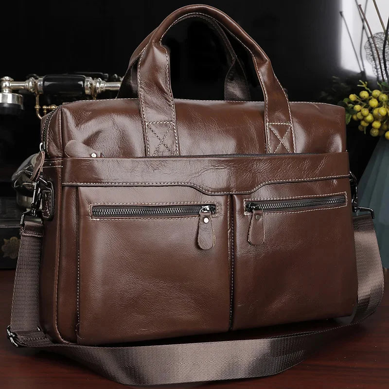Men Genuine Briefcase Large Business Office Handbag Male Leather 14" Laptop Shoulder Bags Men's Travel Messenger Bag