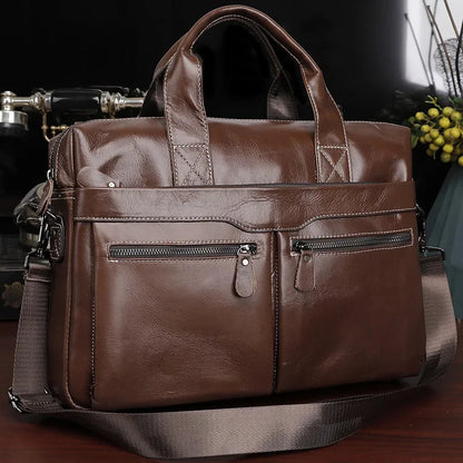 Men Genuine Briefcase Large Business Office Handbag Male Leather 14" Laptop Shoulder Bags Men's Travel Messenger Bag