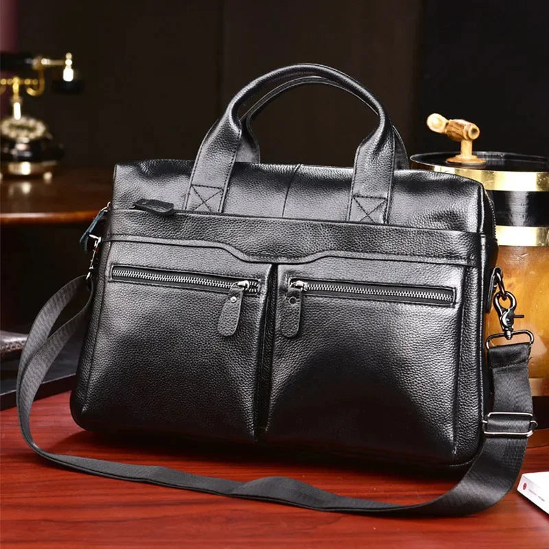 Men Genuine Briefcase Large Business Office Handbag Male Leather 14" Laptop Shoulder Bags Men's Travel Messenger Bag